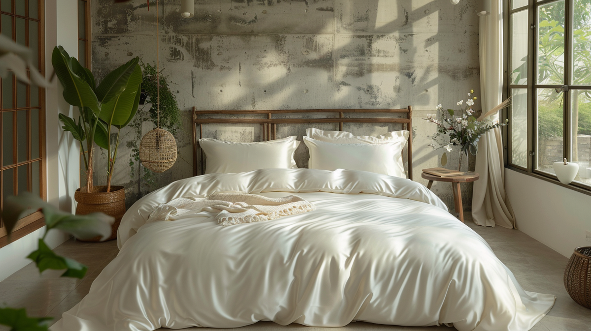 Letto matrimoniale vestito con lenzuola in bambù