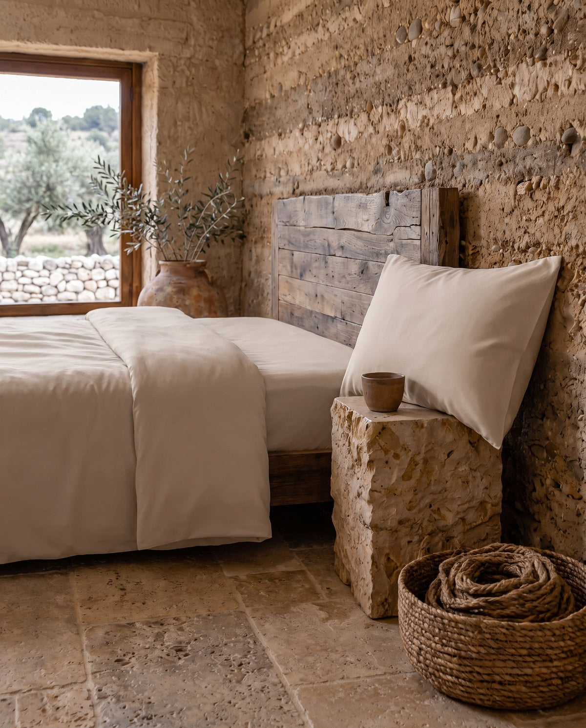 Federa in viscosa di bambù, cuscino appoggiato accanto al letto | Sabbia