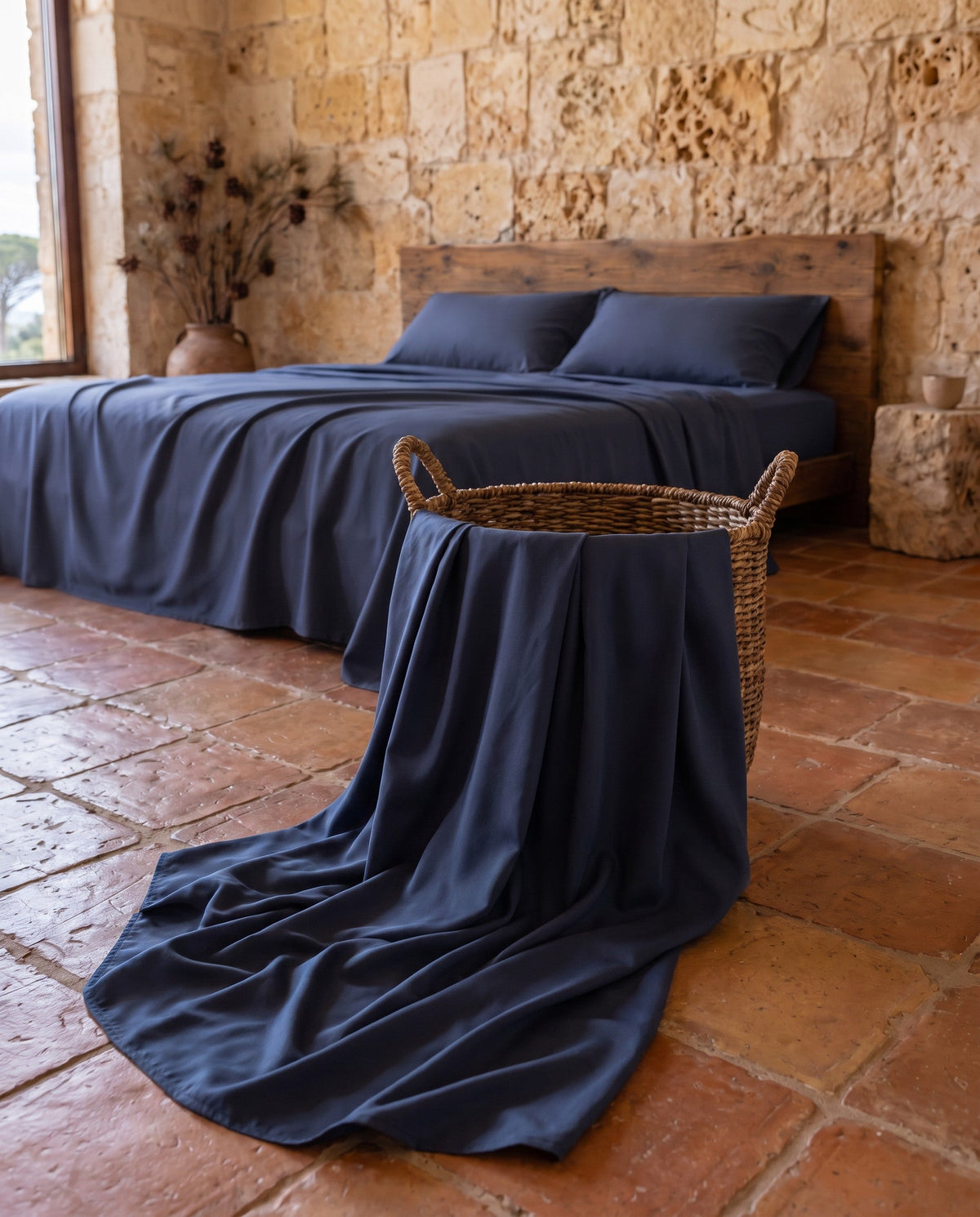 Lenzuolo piano in viscosa di bambù che scende dal cesto | Blu navy