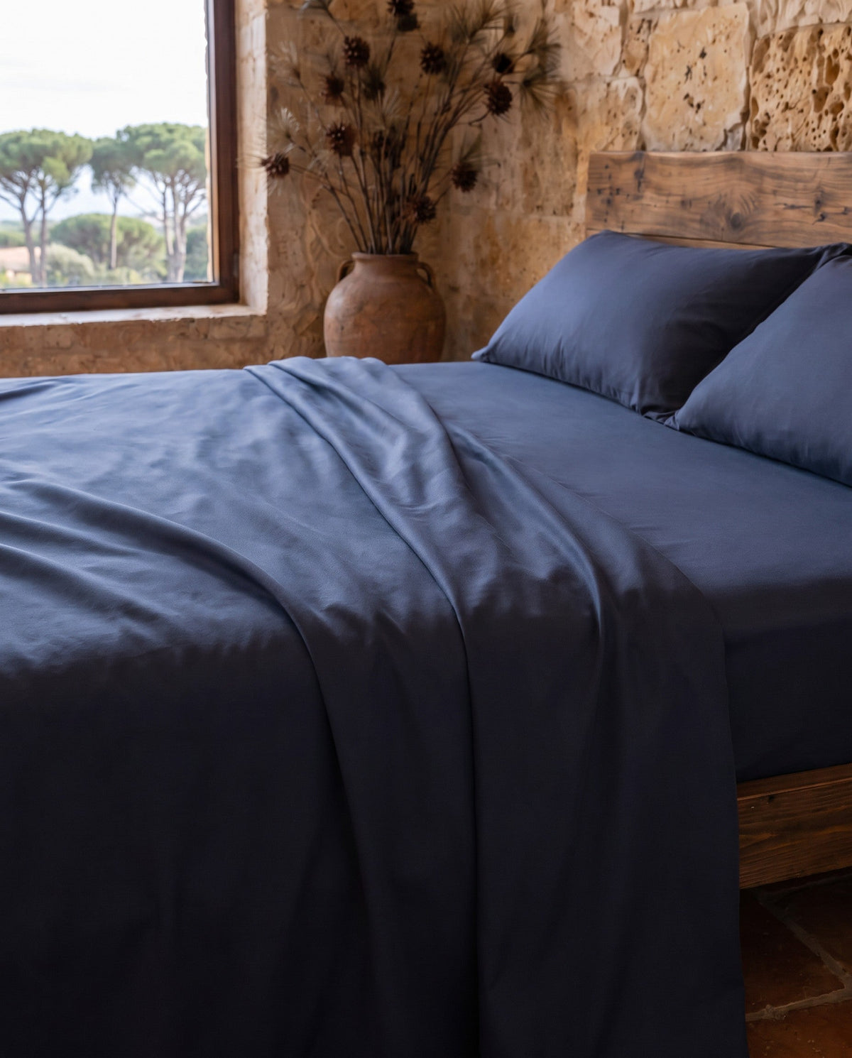 Lenzuolo piano in viscosa di bambù, dettaglio del risvolto | Blu navy