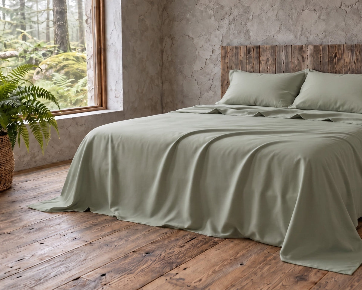 Lenzuolo piano in viscosa di bambù su letto matrimoniale | Salvia