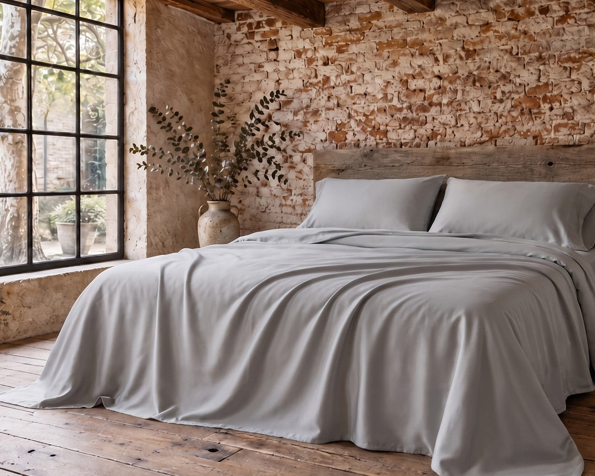 Set Mezzaluna in viscosa di bambù su letto matrimoniale | Grigio chiaro