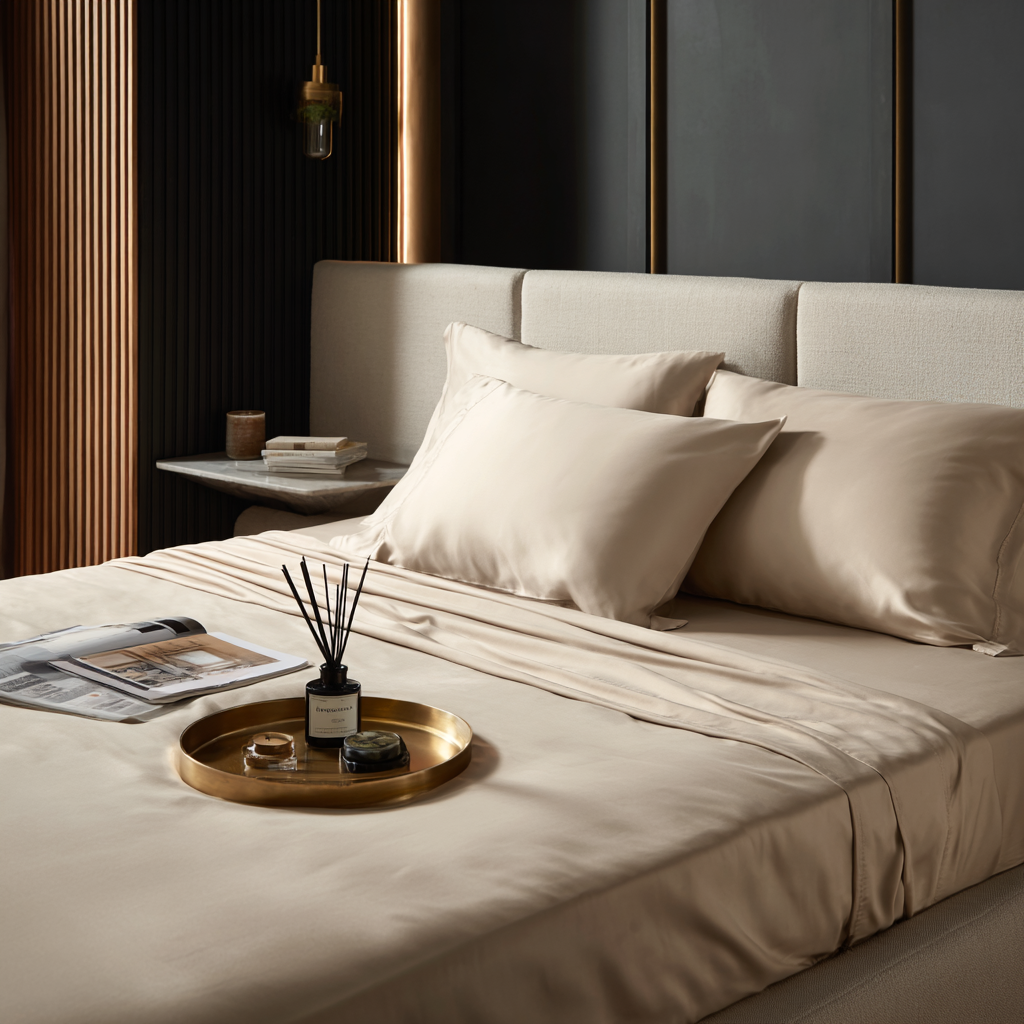 Dettaglio lenzuolo piano in bambù beige texture naturale