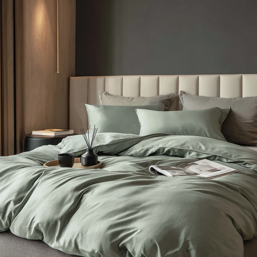 Federa in bambù verde salvia su cuscino letto matrimoniale