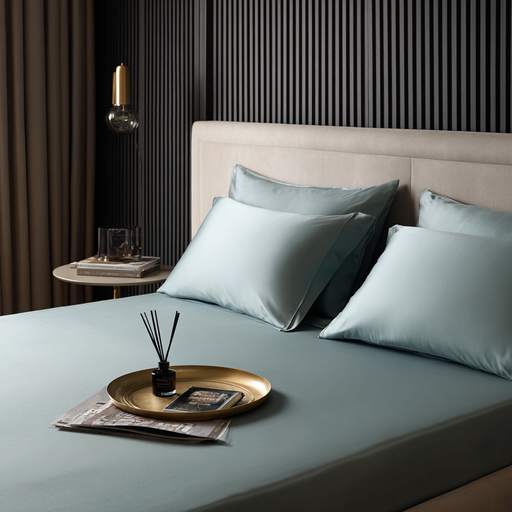 Dettaglio tessuto federa in bamboo azzurro 300TC – pillowcase naturale e morbida