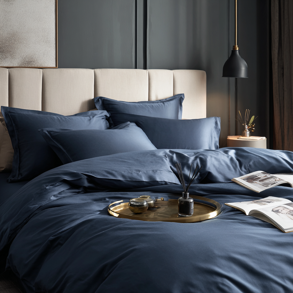 Dettaglio tessuto copripiumino bambù blu navy premium