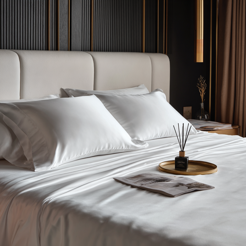 Lenzuolo sopra in bambù bianco in camera da letto luminosa