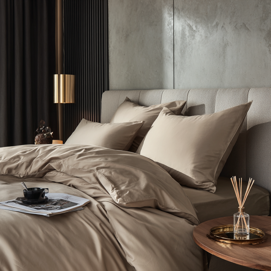 Set letto beige con copripiumino in bambù ipoallergenico