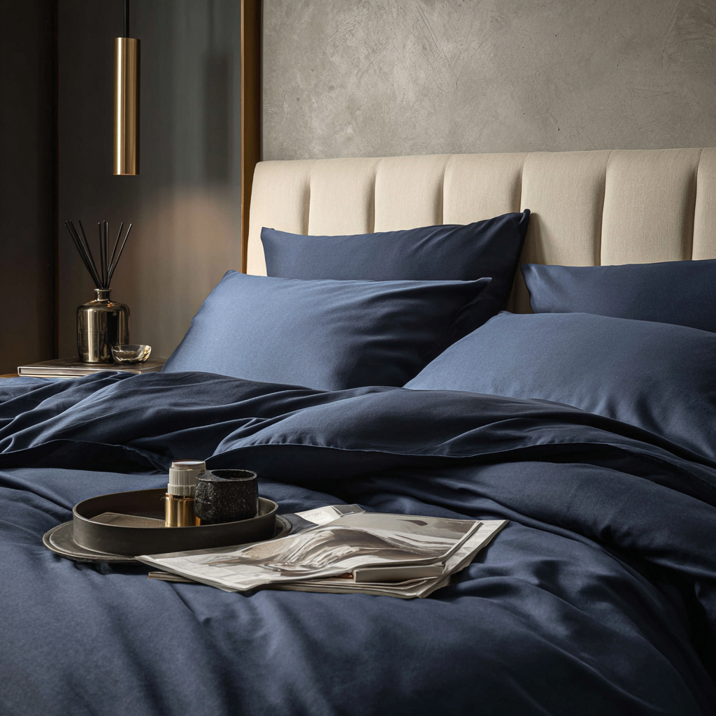Set letto blu navy con copripiumino in bambù naturale