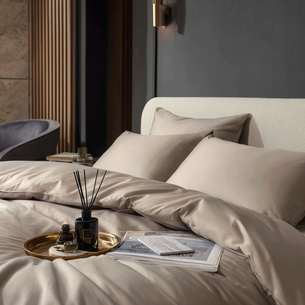 Federe in bamboo beige su letto matrimoniale – federa fresca e ipoallergenica