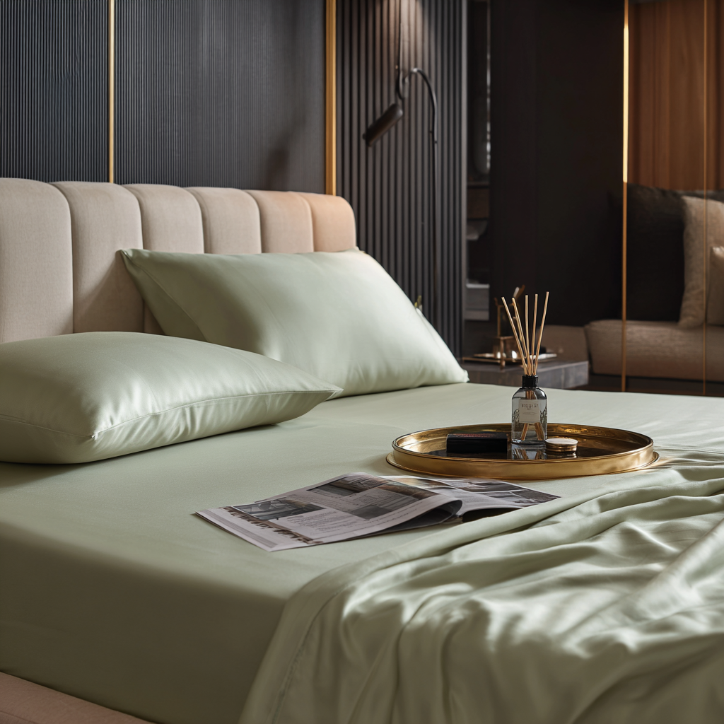 Coprimaterasso in bambù naturale salvia in camera da letto 