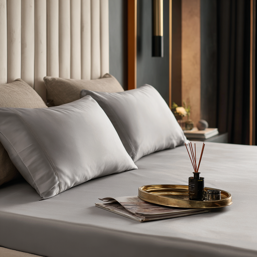 Dettaglio tessuto lenzuolo sotto in bambù grigio chiaro