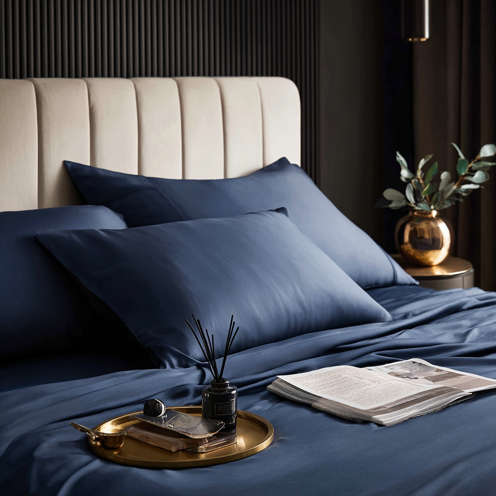 Lenzuolo piano in bambù blu navy su letto matrimoniale