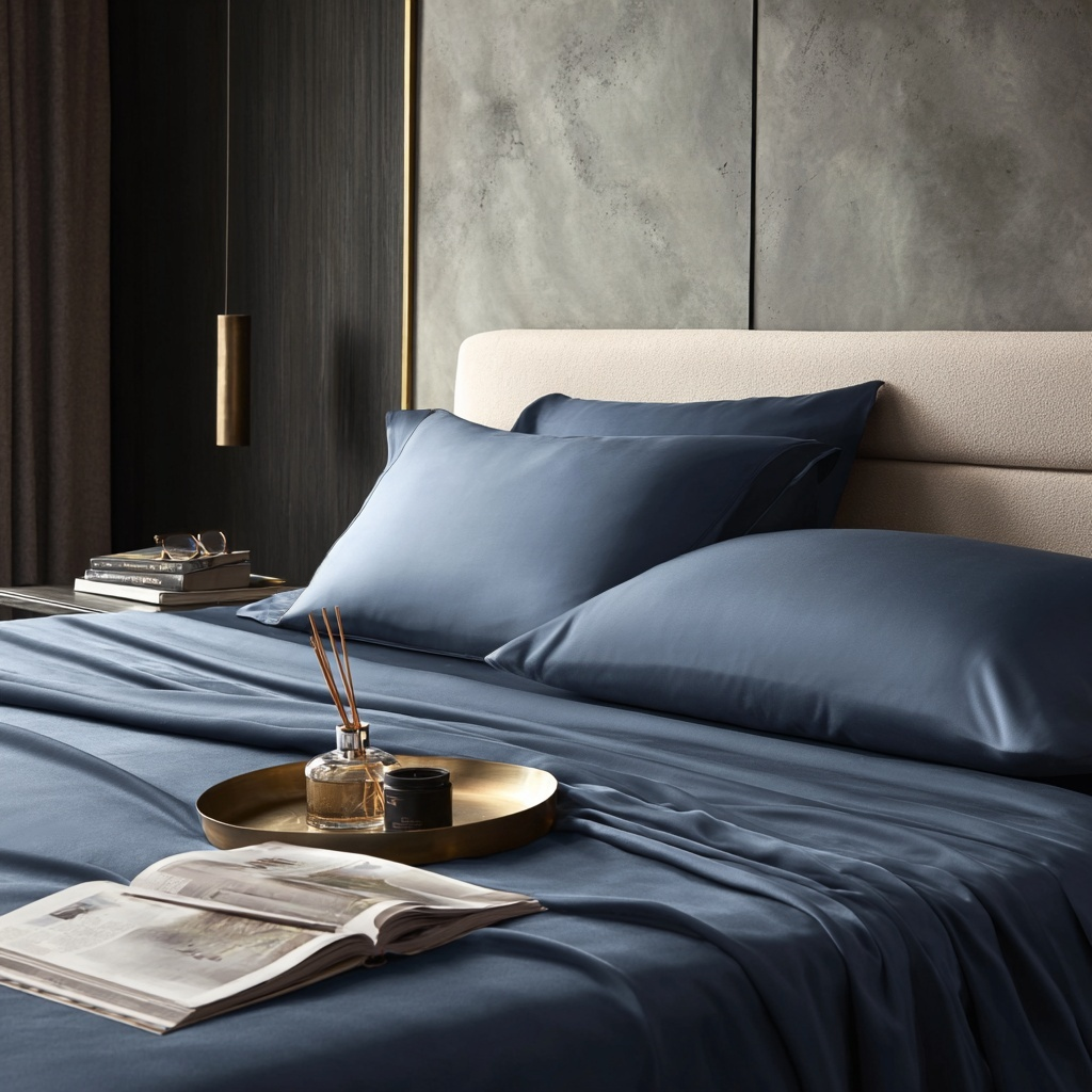 Dettaglio tessuto lenzuolo piano in bambù blu navy premium