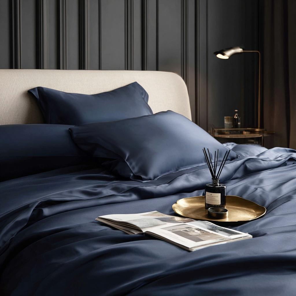 Set letto con lenzuolo piano in bambù blu navy naturale