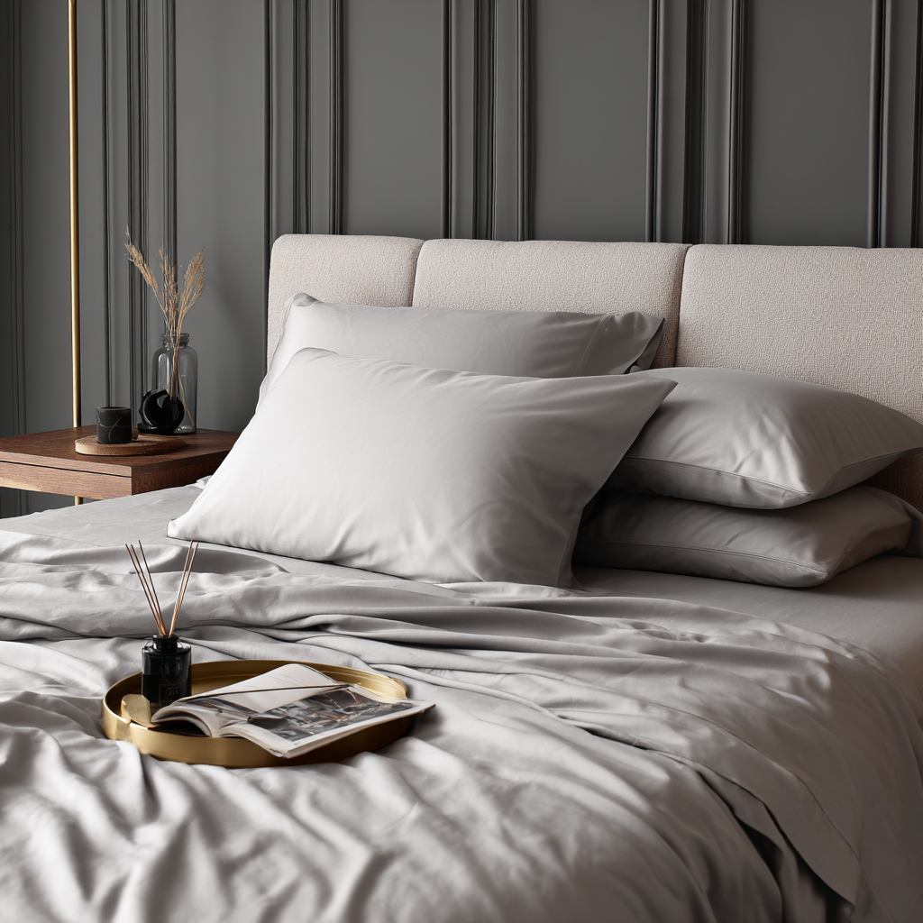 Set letto con lenzuolo piano in bambù grigio chiaro naturale