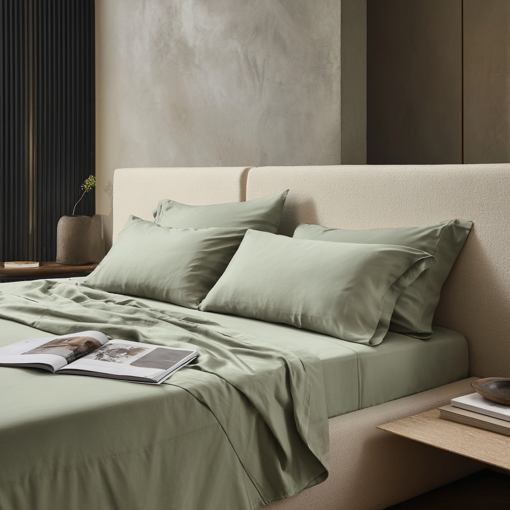 Lenzuolo sopra in bambù salvia in camera da letto naturale